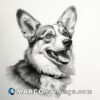Black and white drawing of a corgi dog with happy face in portrait