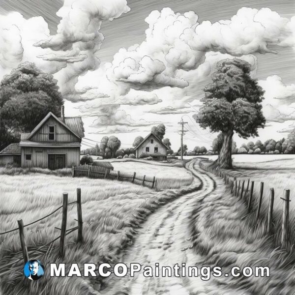 Black and white drawing of a country road