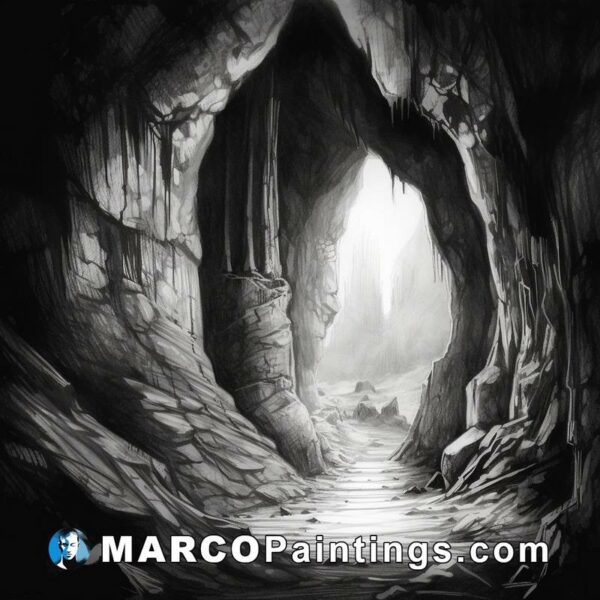 Black and white drawing of a dark cave