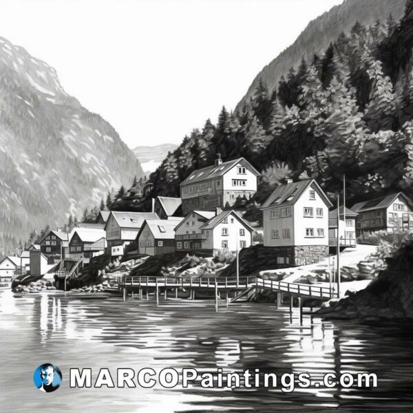 Black and white drawing of a fishing village