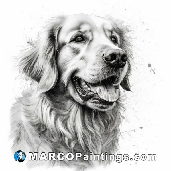 Black and white drawing of a golden retriever