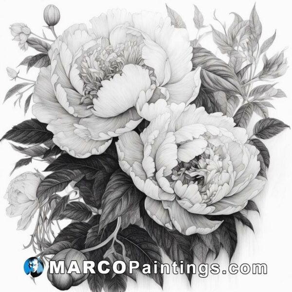 Black and white drawing of a group of peonies