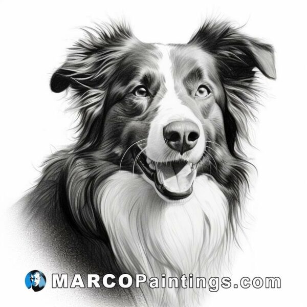 Black and white drawing of a happy border collie