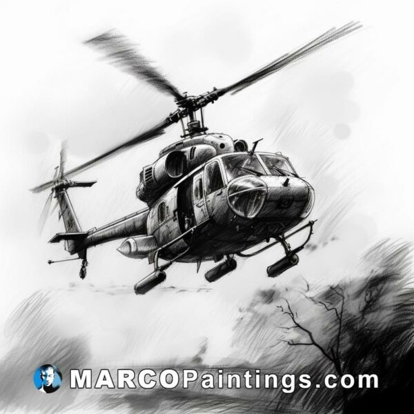 Black and white drawing of a helicopter