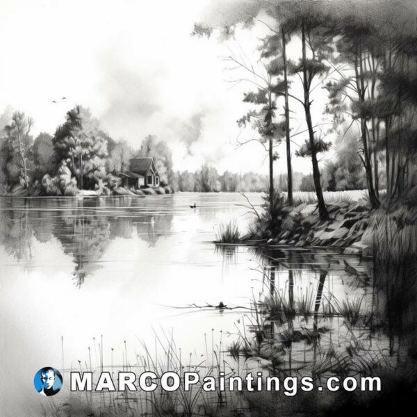 Black and white drawing of a lake