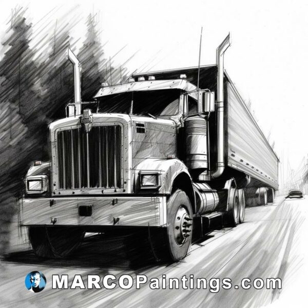 Black and white drawing of a large truck on the highway