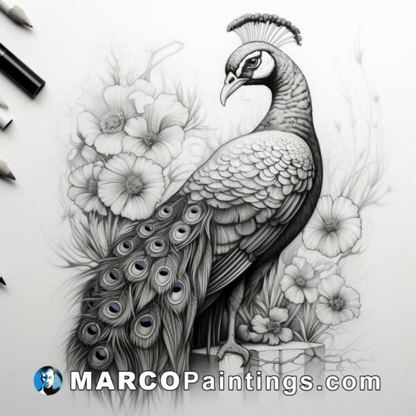 Black and white drawing of a peacock with flowers