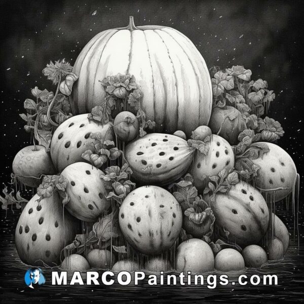 Black and white drawing of a pile of pumpkins and flowers