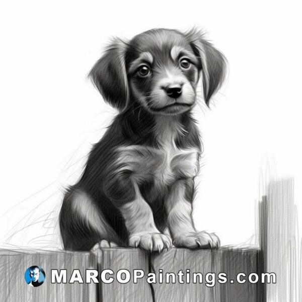 Black and white drawing of a puppy looking at a fence