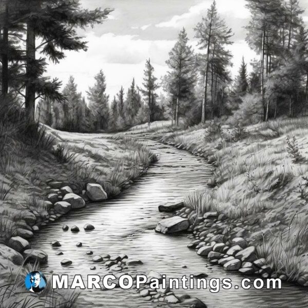 Black and white drawing of a stream in the woods