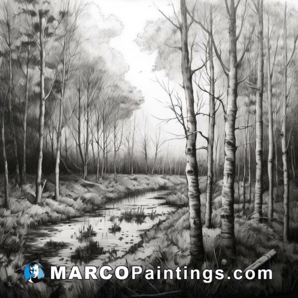Black and white drawing of a stream through forests