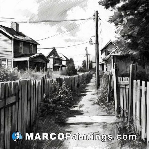 Black and white drawing of a street with a fence