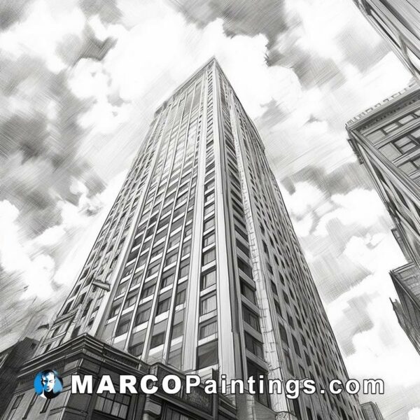 Black and white drawing of a tall building