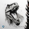 Black and white drawing of a trex next to pencils