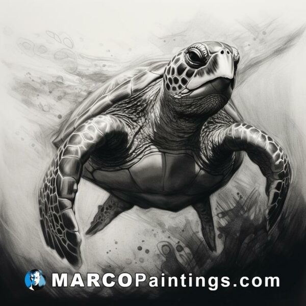 Black and white drawing of a turtle swimming