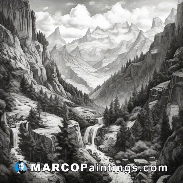 Black and white drawing of a valley with mountains