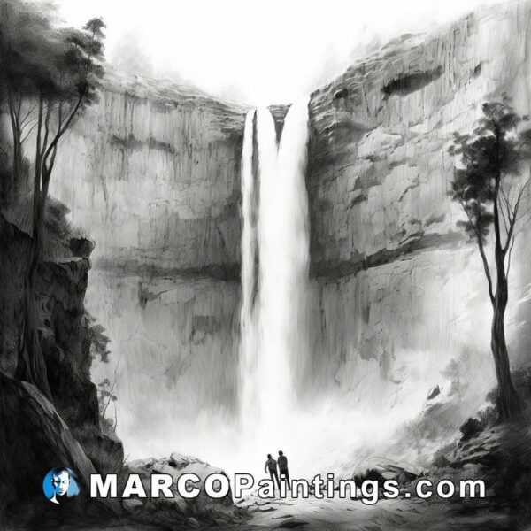 Black and white drawing of a waterfall with two people standing in front