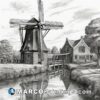 Black and white drawing of a windmill near a lake