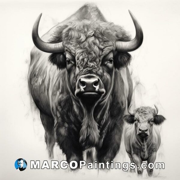 Black and white drawing of an adult and child bison