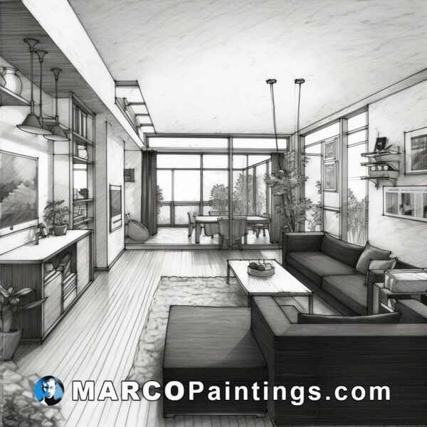 Black and white drawing of an apartment