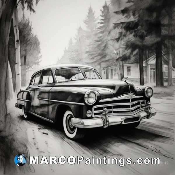 Black and white drawing of an old american car