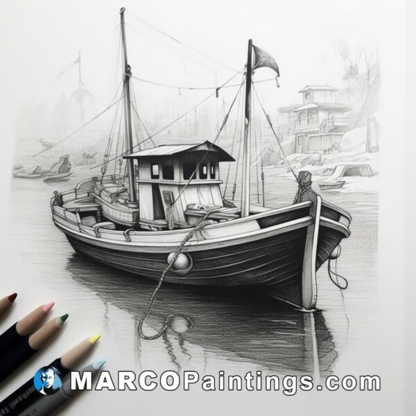 Black and white drawing of an old fishing boat