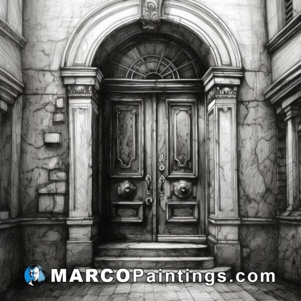 Black and white drawing of an ornate door