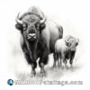 Black and white drawing of buffalo and their calf