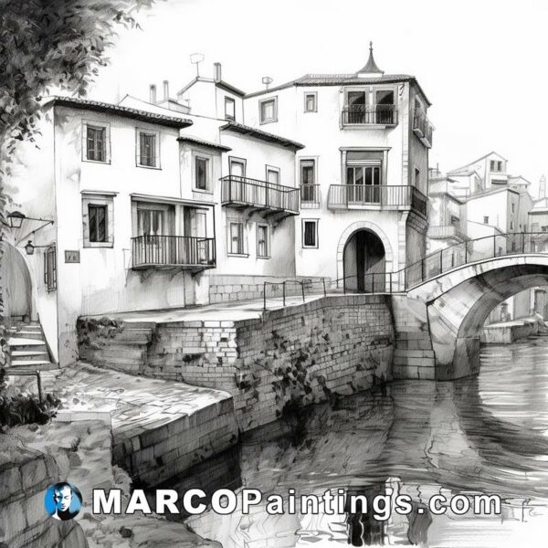 Black and white drawing of house and bridge on the river by zorzi art