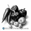 Black and white drawing of peppers and onions