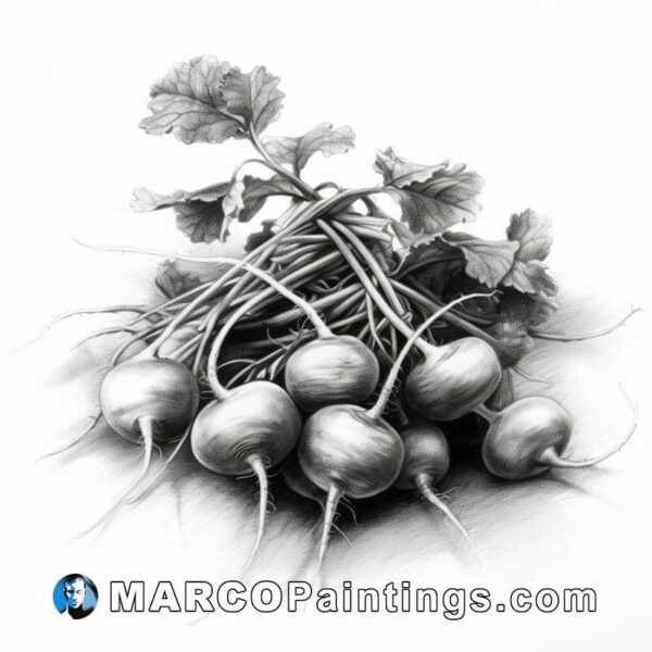 Black and white drawing of radishes