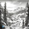 Black and white drawing of snowy forest on a snowy scene