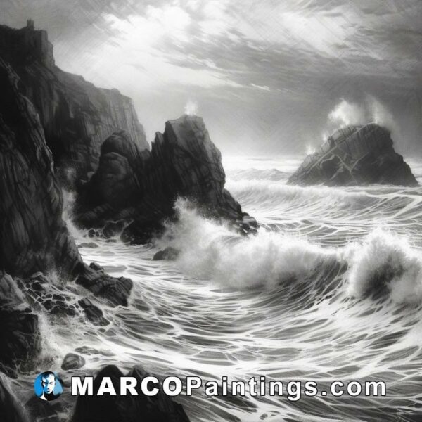 Black and white drawing of stormy water and wave