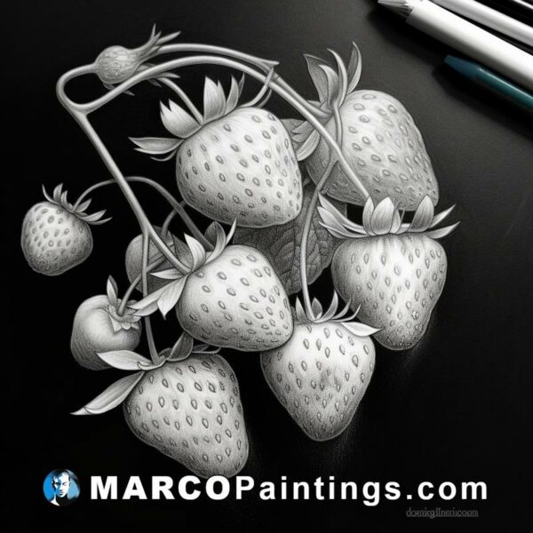 Black and white drawing of strawberries 3d