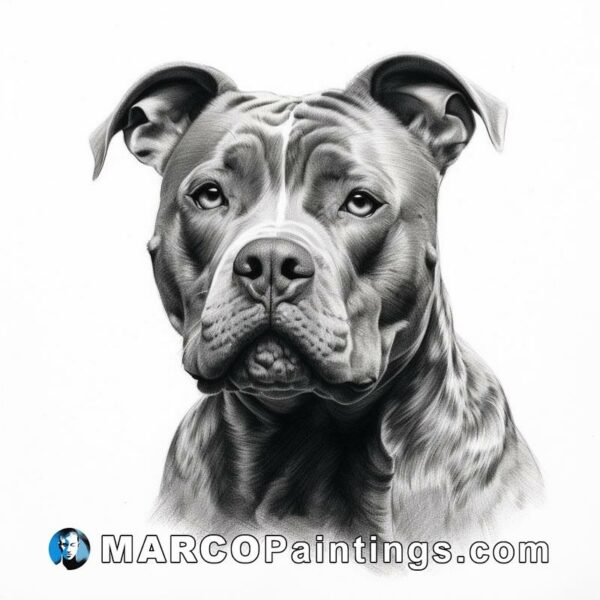 Black and white drawing of the face of a black stg pit terrier dog