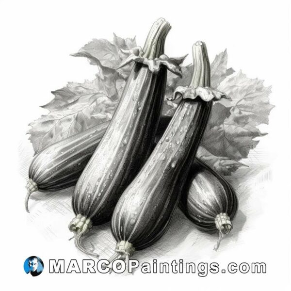 Black and white drawing of three eggplant