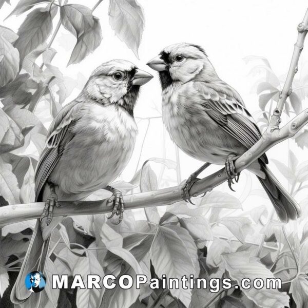 Black and white drawing of two birds sitting on a branch