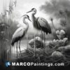 Black and white drawing of two herons near a pond