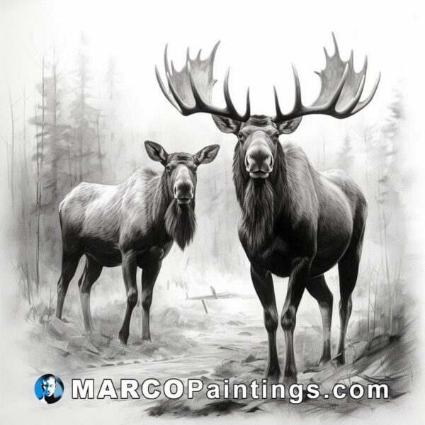 Black and white drawing of two moose looking out on the forest