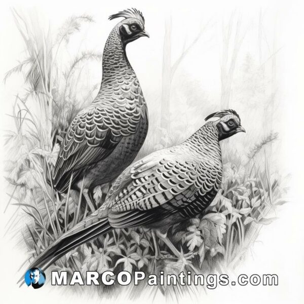 Black and white drawing of two pheasant birds and grass