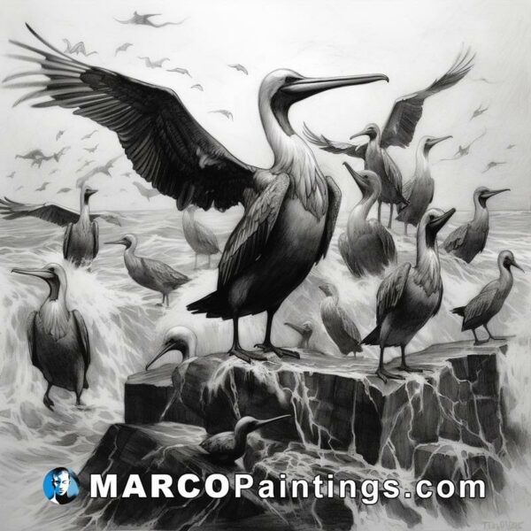 Black and white drawing showing many pelicans in an ocean