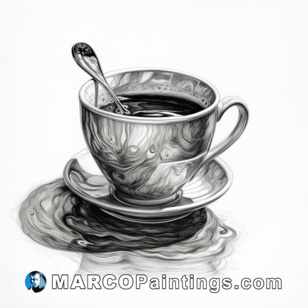 Black and white drawing with spoon and cup of coffee