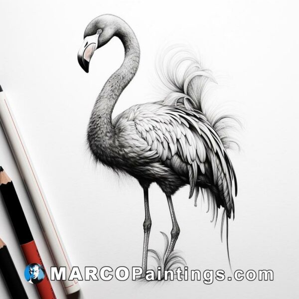 Black and white flamingo drawn with pencils