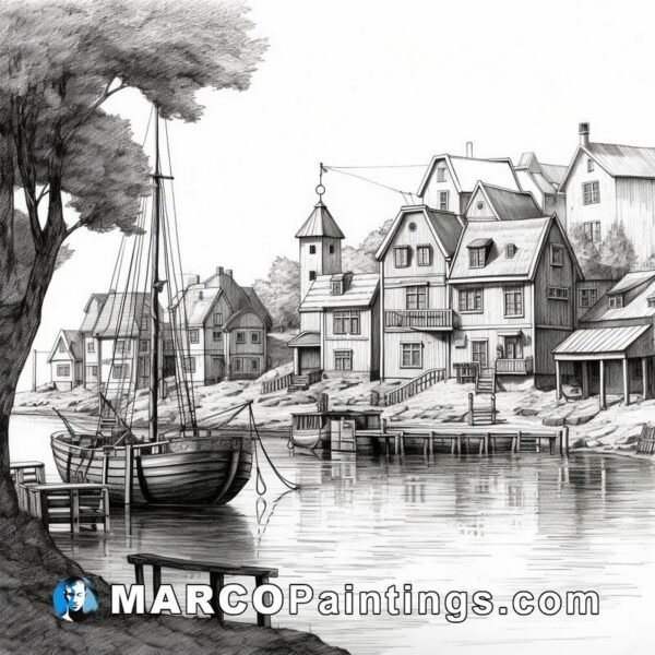 Black and white illustration of a bay near a small town and boat