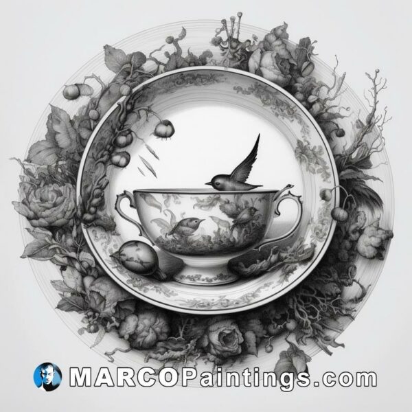 Black and white illustration of a cup with birds and flowers on top