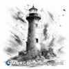 Black and white illustration of a lighthouse