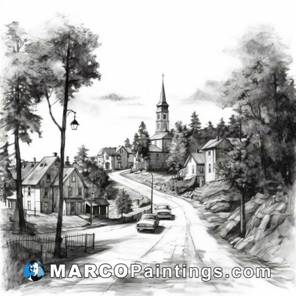 Black and white illustration of a small town