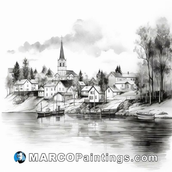 Black and white illustration of a town near the water