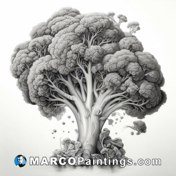 Black and white illustration of an image with broccoli floating