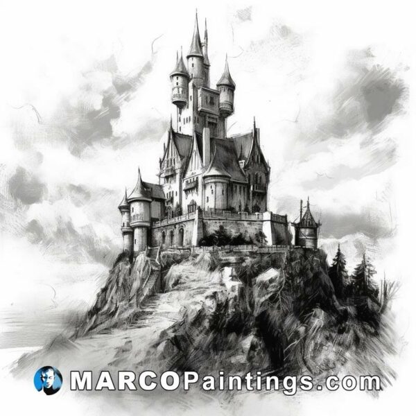 Black and white illustration of an old castle that looks lonely